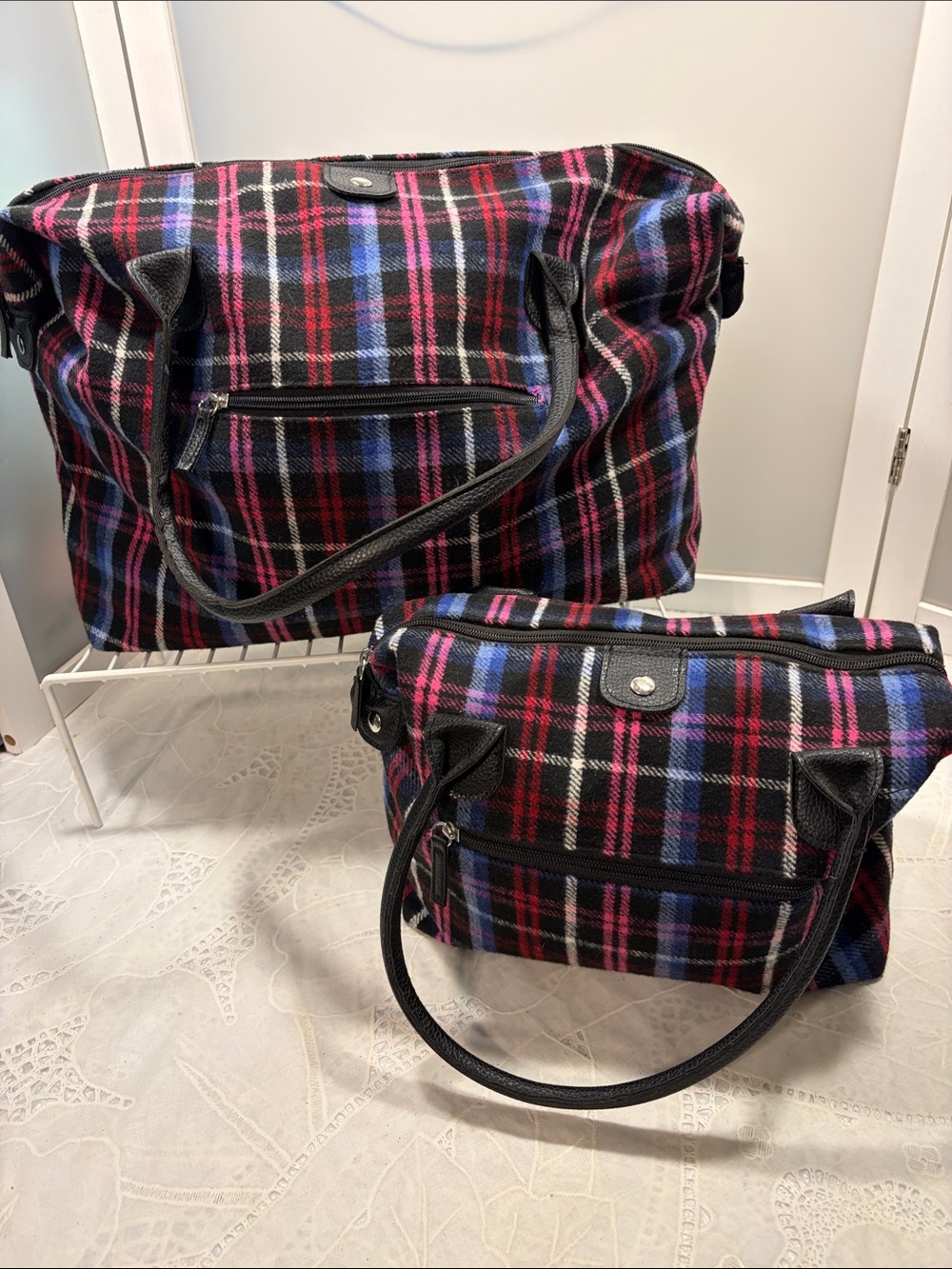 Woman Within Plaid Travel Tote Bag in Black, Pink & Blue